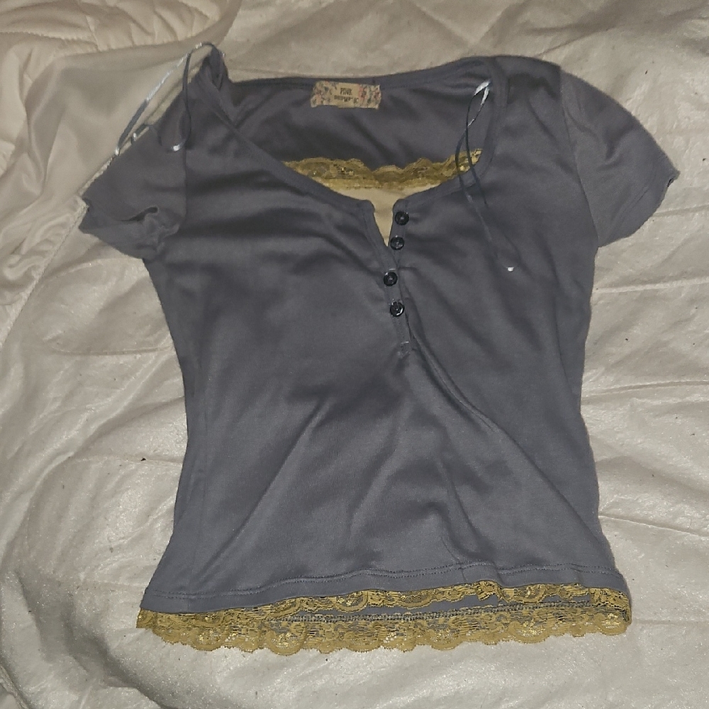 Pink Republic Blue Tee with Gold Lace